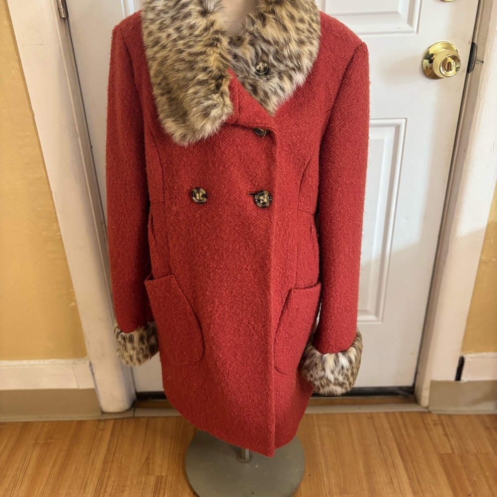 Vintage Apt. 9 Elegant Red Pea Coat with Faux Fur Accents 90s boho tweed size L